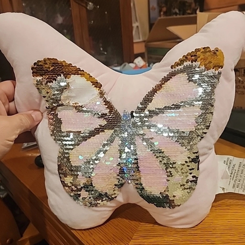 Sequin Butterfly Pillow - Pink and Gold